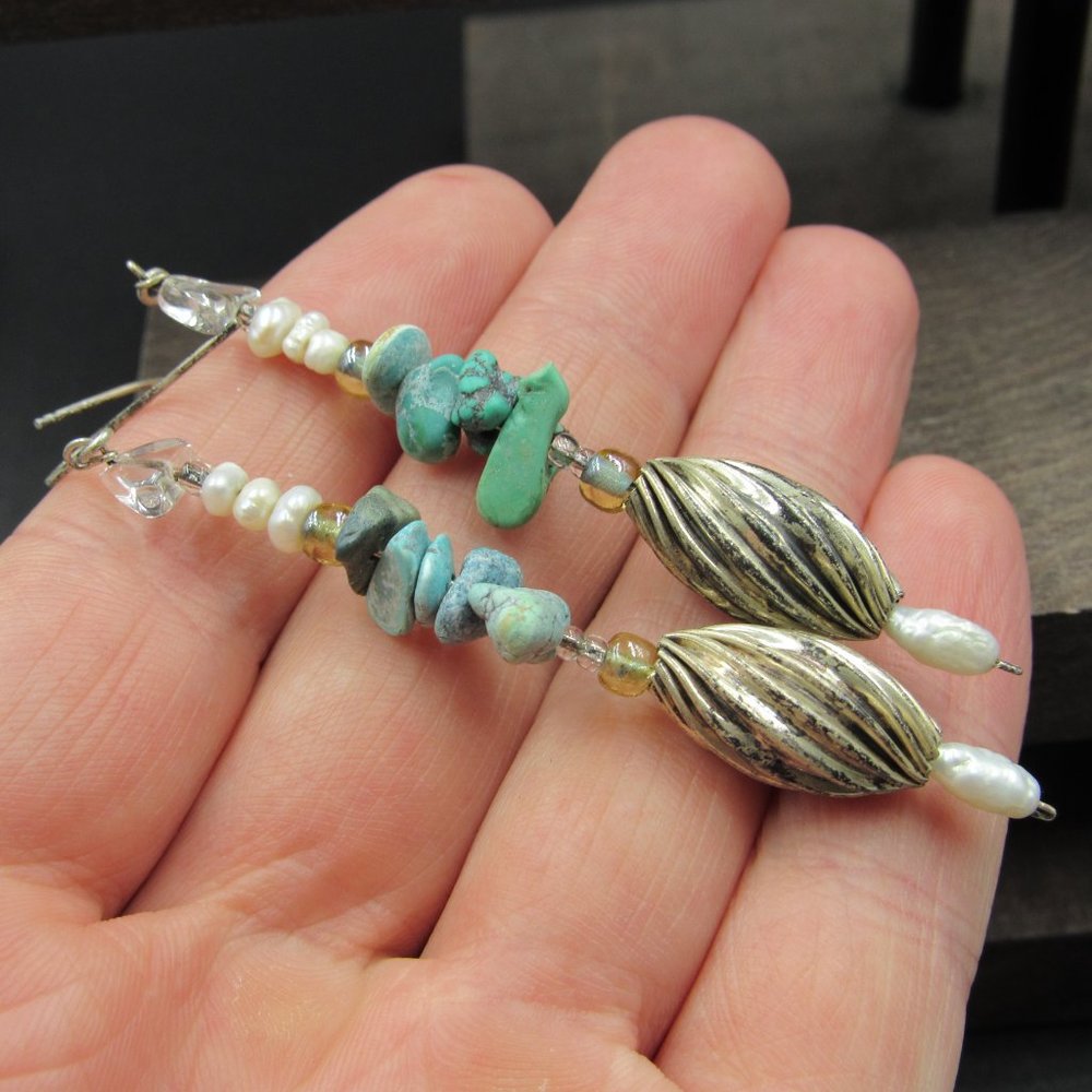 Sterling Silver Rustic Turquoise Chip Earrings - image 2